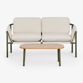 Conjunto De Jardim Com Sofá De 2 Lugares Estofado E Mesa De Centro Em Aço Zunika Verde Azeitona Intenso - Sklum