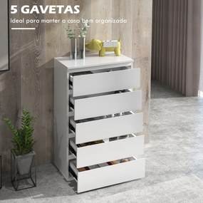 HOMCOM Cómoda com 5 Gavetas de Madeira Cómoda de Dormitório Cómoda Branca para Sala de Estar Estilo Moderno 53x33x100 cm Branco
