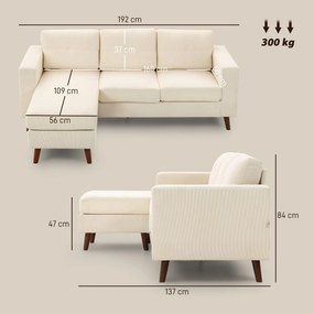 Sofá Chaise Longue Reversível de 3 Lugares Estofado em Veludo Estrutura de Aço Para Salas Pequenas Creme