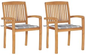 vidaXL Cadeiras jardim c/ almofadões xadrez cinzento 2 pcs teca maciça