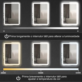 Espelho Casa de Banho com Luzes LED 60x80 cm Função Antiembaciamento 3 Temperaturas de Cor Ajustável e Função de Memória