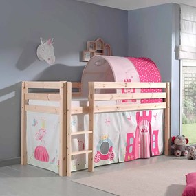 Conjunto Cama alta de Criança PINO 90 x 200 cm + estrado + escada + cortina + túnel Princesa Natural