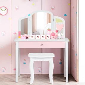 Conjunto de toucador e cadeira infantil Mesa de maquiagem com espelho de três partes e banco de mesa removível 2 em 1 Branco