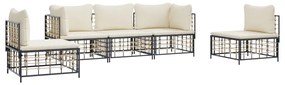 5 pcs conjunto lounge de jardim c/ almofadões vime PE antracite