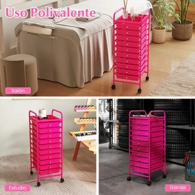Carrinho multifuncional com rodas e 10 gavetas removíveis com estrutura metálica e gavetas empilháveis 33 x 37 x 86 cm Rosa escuro