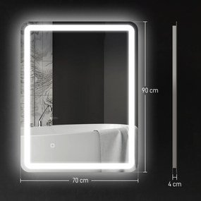 Espelho Casa de Banho com Luzes LED 70x90 cm Função Antiembaciamento 3 Temperaturas de Cor Ajustável e Função de Memória Prata