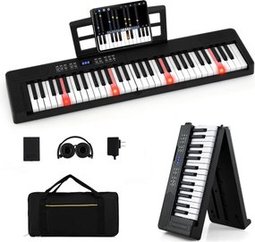 Teclado musical dobrável de 61 teclas, piano eletrónico com fones de ouvido e pedal portátil com bolsa para iniciantes Preto