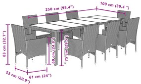 9 pcs conjunto jantar jardim com almofadões vime PE/vidro bege