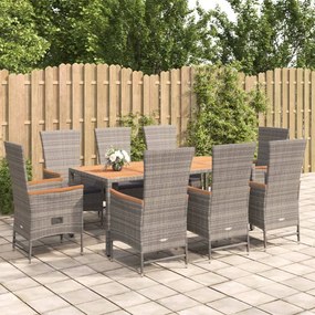 vidaXL 9 pcs conjunto de jantar p/ jardim c/ almofadões vime PE cinza