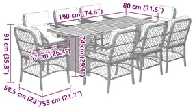9 pcs conjunto de jantar p/ jardim c/ almofadões vime PE cinza