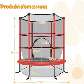 Trampolim para crianças 165 cm com rede de segurança e almofada de mola recreativa Estrutura em aço Vermelho