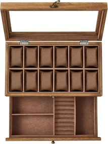 Caixa organizadora de relógios com 12 compartimentos e tampa de vidro | SONGMICS | 34 x 19 x 12.5 cm | JOW012K01.
