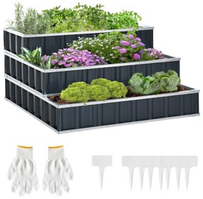 Caixa de Plantio de 3 Alturas para Jardim com Luvas Caixa de Plantio para Cultivos de Plantas Flores para Terraço Exterior 118x118x62cm Cinza