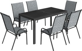 Outsunny Conjunto de Mesa e Cadeiras Jardim de 7 Peças com Mesa Metálica Efeito Madeira e 6 Cadeiras Empilháveis Cinza Misto | Aosom Portugal