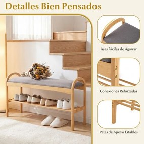 Banco sapateira 100,5 x 31 x 51 cm com almofada de bambu e estante de arrumação para entrada, corredor ou quarto cinzento