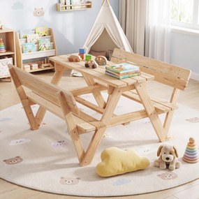 Mesa de piquenique infantil com 2 bancos integrados, guarda-sol removível e encosto em madeira de abeto, para crianças dos 3 aos 8 anos – praia, jardi