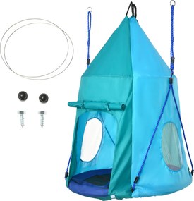 Baloiço em forma de ninho de pássaro com tenda amovível, Ø 100 cm, carga máxima de 150 kg, corda ajustável em altura de 120 a 180 cm, azul