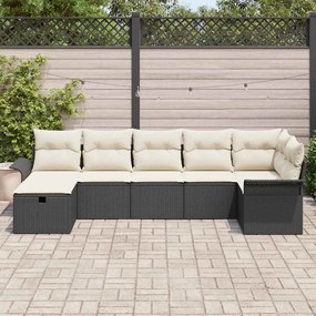 Conjunto de Sofá de Jardim 7 Peças com Almofadas Preto Rattan PE