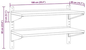 Estante parede 2 prateleiras 100x40x60 cm aço inoxidável prata