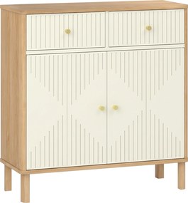 HOMCOM Buffet, móvel de arrumação canelado com tampo efeito carvalho, 2 gavetas, 2 portas, prateleira ajustável, 77x30x80cm, creme | Aosom Portugal