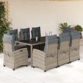 9 pcs conjunto de jantar p/ jardim c/ almofadões vime PE cinza