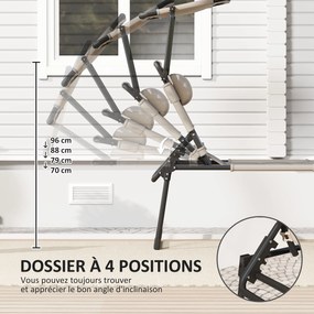 Conjunto de 2 espreguiçadeiras dobráveis de grande conforto, com encosto e capota ajustáveis em várias posições, cor cáqui