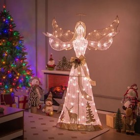 Anjo de Natal iluminado com 100 luzes brancas quentes, halo, laço e estacas para o solo 103 x 45 x 150 cm Branco + Dourado