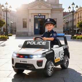 Carro Elétrico para Crianças de Polícia 12V com Motor Duplo Suspensão em 4 Rodas Sirene Faróis LED Porta USB Bluetooth e Música Branco