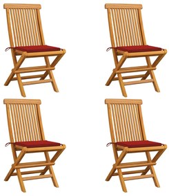 vidaXL Cadeiras de jardim c/ almofadões vermelhos 4 pcs teca maciça