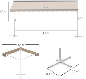 Toldo de dupla inclinação 4,50 L x 3,40 L x 2,55 A m, manual e retrátil, com inclinação ajustável, em aço com revestimento epóxi branco e poliéster im