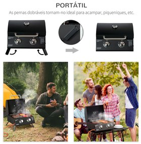 Outsunny Barbecue a Gás Dobrável com 2 Queimadores Churrasqueira à Gás Portátil com Termómetro para Campismo Piquenique ao Ar Livre Jardim 55x46,5x41cm Preto
