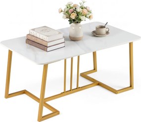 Mesa centro com tampo em pedra Sierra Nevada estilo mármore e estrutura dourada, 90 x 50 x 41,5 cm Branco + Dourado