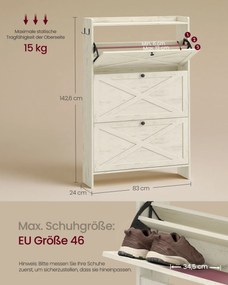 Sapateira com 3 portas para 24 pares de sapatos 83 x 24 x 142,6 cm em branco rústico