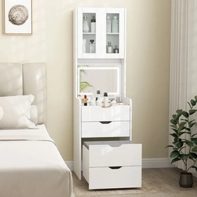 Toucador de Maquilhagem 50x40x160 cm com Luzes LED de 3 Cores Espelho Rebatível e Banco Acolchoado Branco