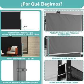 Toldo lateral retrátil para jardim 300 x 180 cm de privacidade para exterior enrolável e dobrável Preto