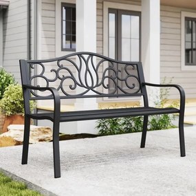 Banco de jardim em metal, banco resistente às intempéries para 2 pessoas, banco de varanda, banco em metal com capacidade de carga até 300 kg. Preto
