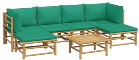 7 pcs conjunto lounge de jardim bambu c/ almofadões verdes