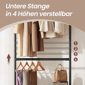 Guarda roupa aberto 49 x 130 x 198 cm, cabide com 2 barras para roupas com rodas preto