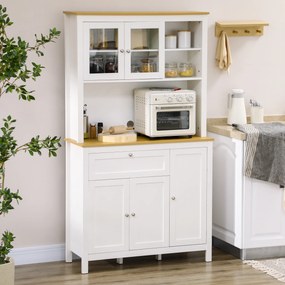 Armário de Cozinha com 5 Portas Prateleiras Ajustáveis Gaveta e Bancada para Micro-Ondas 100x40x180 cm Branco e Madeira