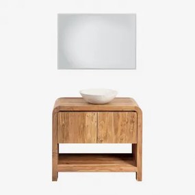 Conjunto De Móvel De Casa De Banho Em Madeira Vacry Castanho Acácia & Cimento Redondo Branco Ø40 Cm Zavion & Led Retangular E Anti-embaciamento 100x70