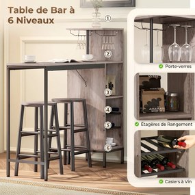 Conjunto de Mesa de Bar e 2 Bancos, 121,5 x 40 x 122 cm, Arrumação para Garrafas de Vinho, Castanho acinzento
