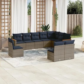 vidaXL 10 pcs conjunto sofás p/ jardim c/ almofadões vime PE cinzento