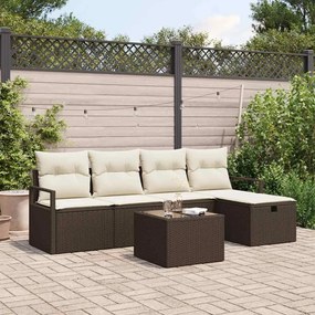 Conjunto de Sofá de Jardim de 6 Peças com Almofadas Castanho Rattan Polipropileno