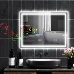 Espelho de casa de banho com LED e Bluetooth, 60 x 80 cm, interruptor tátil, iluminação regulável, 3 cores, antiembaciamento, memória, prateado