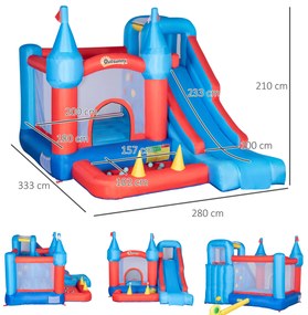 Castelo Insuflável com Escorrega Trampolim Piscina e Pistola de Água para Crianças acima de 3 Anos com Inflador e Bolsa de Transporte para Interior e Exterior 333x280x210cm Multicor