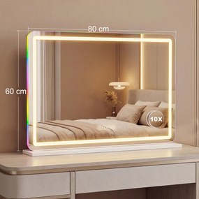 Espelho de maquilhagem iluminado 80 x 60 cm, espelho de Toucador com LED regulável, luz RGB, 3 temperaturas de cor, branco