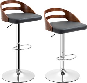 Conjunto de 2 bancos de bar, assento ajustável em altura, giratórios a 360°, revestimento sintético preto, encosto perfurado com efeito de madeira