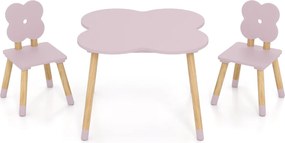 Conjunto de Mesa desenho Flor e Atividades em Madeira e 2 Cadeiras Crianças em Pinho Maciço para Crianças a partir dos 3 Anos, em Rosa e Natural