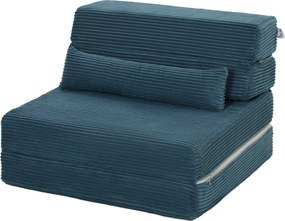 Sofá-cama dobrável 3 em 1, poltrona individual convertível em veludo acanalhado, bolsos laterais, almofada, azul