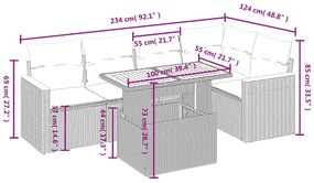 6 pcs conjunto de sofás p/ jardim com almofadões vime PE bege